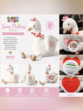Giggletime Princess Swan Plush - White with Pink Heart NWT